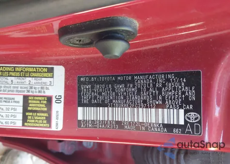 2015 Toyota Corolla Le z USA, uszkodzony, nr VIN 2T1BURHE2FC297112